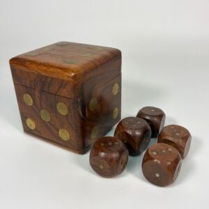Vintage Wood Dice Set with Storage Box Hinged Lid Solid Wood Brass Inlay 5 Dice